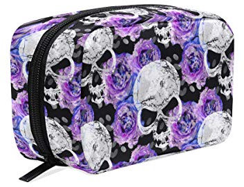 Make-up-Tasche mit Totenkopf-Motiv, violetter Rosen-Druck, Kosmetiktasche, Aufbewahrung, großer Reisegriff, personalisierbar mit Fächern, für Teenager, Mädchen, Frauen, Damen, rose