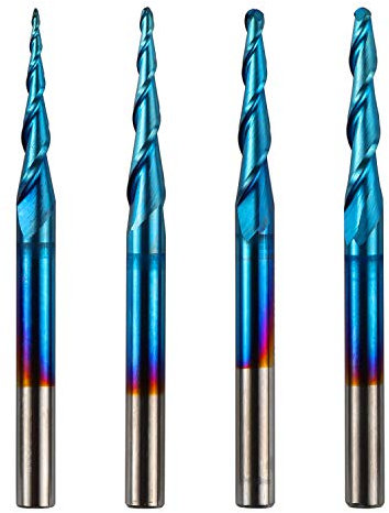 Genmitsu 4 fresas de punta de bola cónica de 2 flútas, cortador de carburo de tungsteno con revestimiento nano azul, R0.25-1.0, vástago de 1/8 pulgadas, TB04A