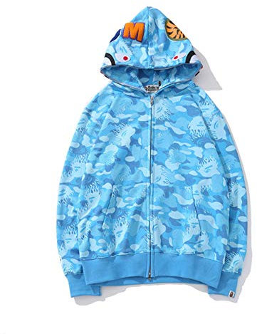 Bape Kapuzenpullover, Tarnfarben-Haifisch-Kapuzenpullover, Mode, Sportbekleidung, Reißverschluss, Hip-Hop, lustiges Oberteil, N, Small