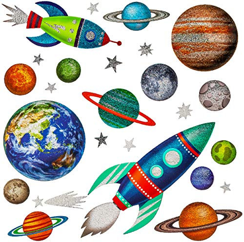 alles-meine.de GmbH Wandsticker Motivwahl Erwachsene & Kinder - 26 TLG. Set - 3D Effekt - Glitzer - Rakete - Planeten & Weltall - selbstklebend + wiederverwendbar - Wandtatto..