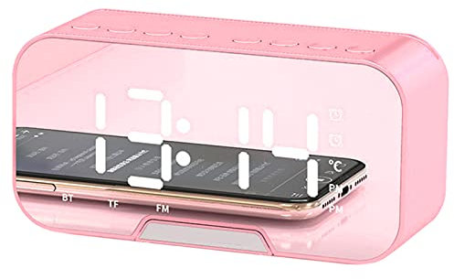 Clenp Réveil, Radio-réveil, Miroir Créatif, Affichage à LED, Horloge à LED Portable, Haut-Parleur Bluetooth sans Fil pour Chambre à Coucher Rose 13,9 cm x 4,5 cm x 6,8 cm