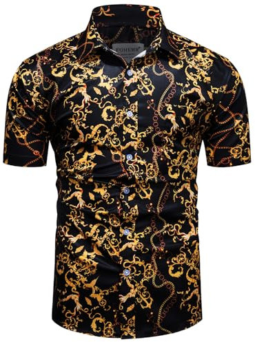 fohemr Mens Chain Print Black Gold Shirt Luxury Baroque Vintage Short Sleeve Casual Button Down Dress Shirts X-Large