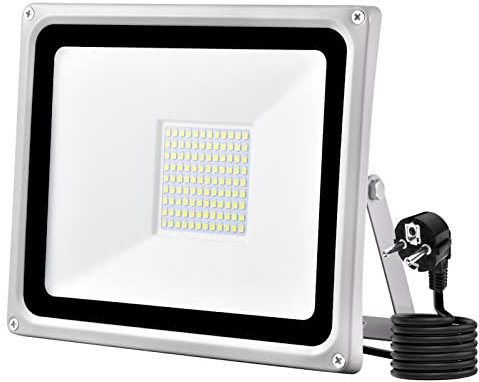 Viugreum 100W LED Strahler mit Stecker,6500K Kaltweiß led fluter Außen, Superhell 10000LM LED Scheinwerfer, IP66 Wasserfest Außenstrahler mit 100cm Cable für Hinterhof Auffahrt Garage Garten
