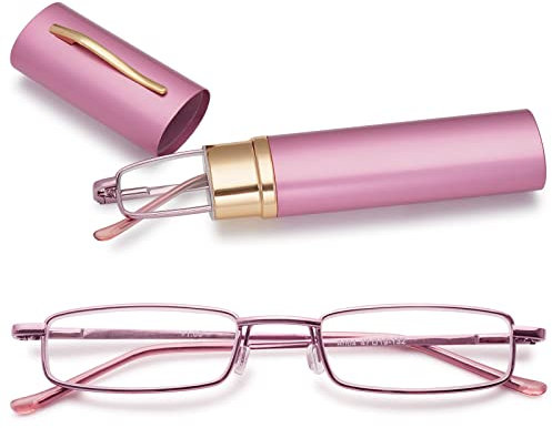 MAGIMODAC Herren Damen Lesebrille Anti Blaulicht Brille mit sehstärke Blaulichtfilter Metall Lesehilfe schmale Lesebrillen mit Stiftetui (1.5, Rosa)