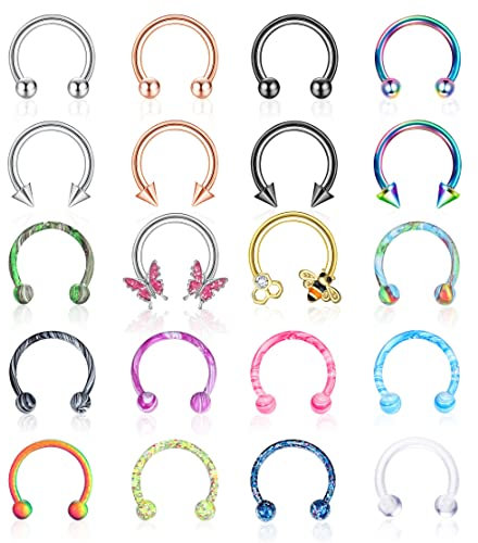 YADOCA 20 Stück 16G Chirurgenstahl Hufeisen Nase Septum Ringe Piercing Schmuck Knorpel Helix Tragus Daith Ohrring Reifen Lippe Hufeisen Piercing für Damen Herren 10mm