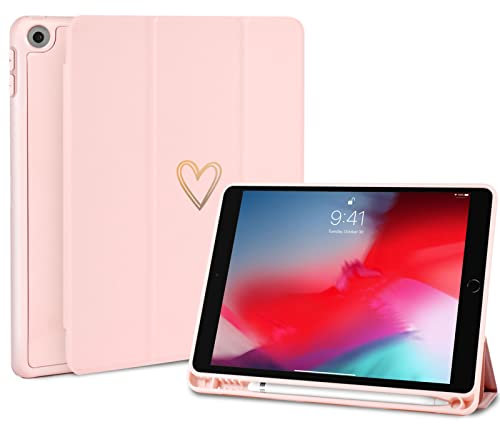 Fycyko Compatible with iPad 10.2 Inch Case, iPad 9th/8th/7th Generation 2021/2020/2019 Case with Pencil Holder & Tip Cover, Women Girls Heart Pattern Protective Case for iPad 10.2 Inch, Pink