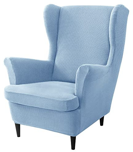 JHLD 2 Stück Stretch Husse für Ohrensessel, Weiche Jacquard Schonbezug Mit Elastischem Boden Sesselbezug für Wohnzimmer - Hellblau