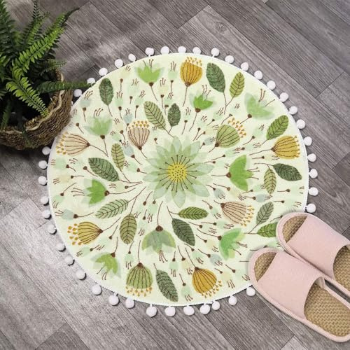Uphome Runder Teppich, kleine Badematte mit Pompon-Borte, florales Pflanzendesign, waschbar, weich, rutschfest, für Dusche, Waschbecken, Gästebad, Babyzimmer, Schlafzimmer, Tisch, Grün, 61 cm