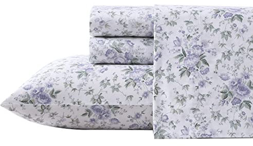 Laura Ashley Home Juego de sábanas Queen, Juego de Cama de algodón Satinado Suave, Elegante, Suave y Transpirable (Morado Lila, Queen) (USHSA01235895)