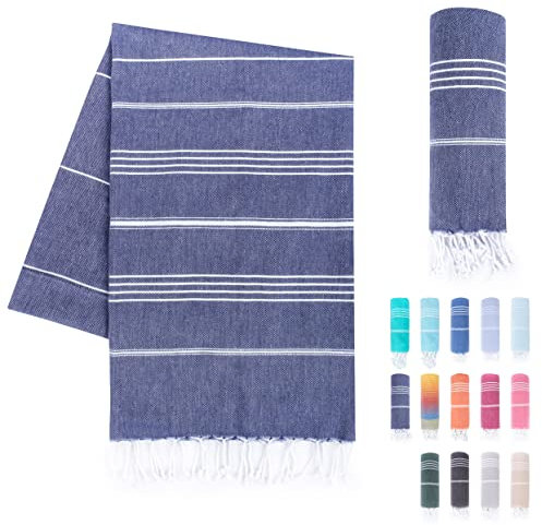 LAYNENBURG Premium Hamamtuch mit handgeknüpften Fransen - 100% Baumwolle - Strandtuch 95x180 cm - Oeko-TEX 100 - Strandhandtuch groß - Saunatuch & Reisehandtuch (Marineblau)