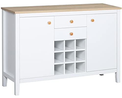 HOMCOM Buffet Meuble de Rangement avec 2 tiroirs, 2 Portes étagères réglables et Porte-Bouteilles pour 9 Bouteilles, 110 x 35 x 75 cm, Blanc et Bois Naturel