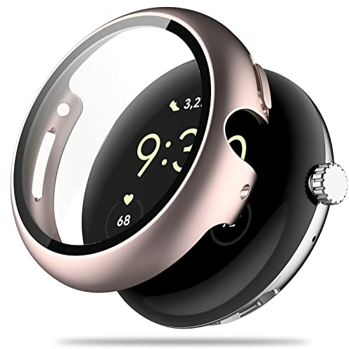Miimall Schutzhülle Kompatibel mit Google Pixel Watch Hülle mit Gehärtetes Glas Displayschutz Rundumschutz Kratzfest Robust PC Schutz Case für Google Pixel Watch 1 2022 -Roségold