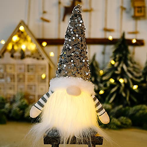 COKEEY Light Up Gnome Christmas Decoration,Christmas Gonks With Light, Handmade Swedish Santa Gnomes with Glitter Hat Xmas Craft, Gonk Elf Xmas for Indoor Decoration Holiday Decor (Grey)