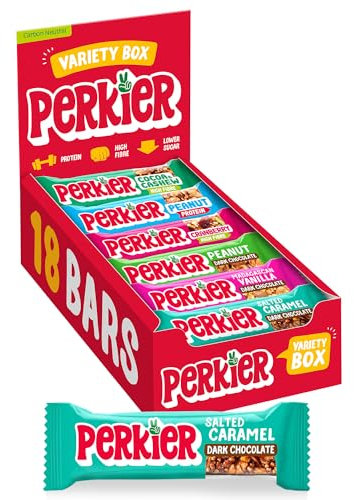 Perkier Variety Box,18 bars, 6 Flavours, Vegan, Gluten Free, Protein, High Fibre, Lower Sugar Snack, Natural Ingredients, Lower Calorie, Healthy, No Palm Oil, Nut Bar, Carbon Neutral