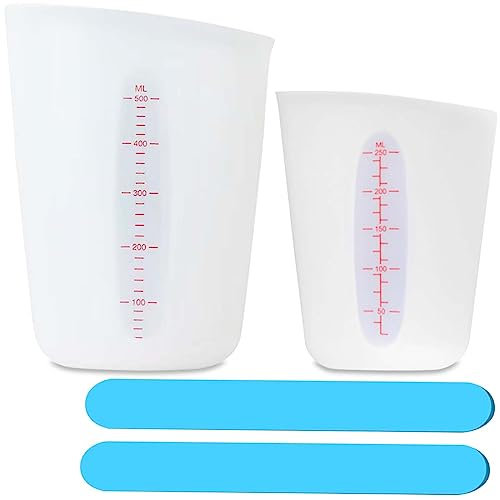 2 Misurini in Silicone + 2 Agitatori per La Miscelazione, 250ml 500 ml Misurino Graduato in Silicone di Resina, per stampi in resina epossidica, fai da te, laboratorio, cucina