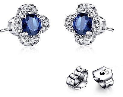 Bellitia Jewelry Ohrringe Damen Blume Ohrstecker mit Edelstein/Geburtsstein aus 925 Sterling Silber, Sri Lanka Blauer Saphir & Zirkonia Ohrschmuck für Frauen Mädchen