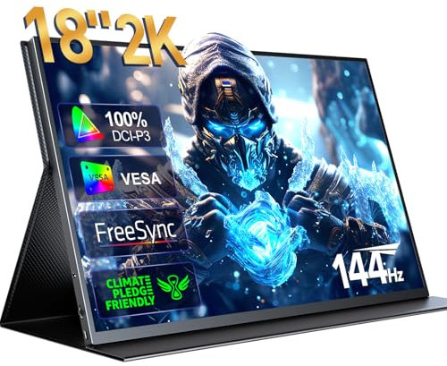 UPERFECT 2K 144Hz Portable Gaming Monitor 18 2560x1600 QHD 100% DCI-P3 FreeSync HDR Laptop w/VESA, Frameless Matte IPS Eye Care Second Monitor for Game Console (UGame K118)