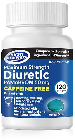 RIGHT REMEDIES Maximum Strength Caffeine-Free Diuretic Softgels, (120 Softgels), Pamabrom 50mg, Helps Relieve Heaviness Due to Water Weight gain