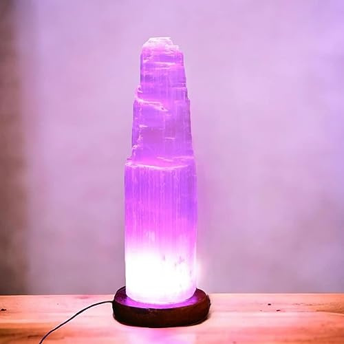 vingardium leviosa Lampe tour de montagne USB en sélénite pure fabriquée à la main avec base en bois changeante de couleur multicolore pour méditation, guérison, cadeau de Noël, décoration d'intérieur