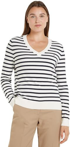 Tommy Hilfiger Damen Pullover Jersey V-Neck Strickpullover, Mehrfarbig (Ivory Petal/Desert Sky STP), XS
