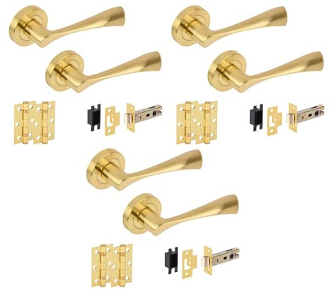 HANDLEZONE® 3 Sets Zena Internal Door Handles on Rose Lever Latch Packs with Ball Bearing Hinges - Brushed Brass