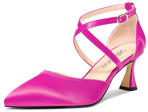 OISEGOP Donna Basso Gattini Tacco Heel Chiusa a Punta Pumps Cinturino alla Caviglia Cinturino Incrociato Two-Piece Fibbia Scarpe Feste 6.5 CM Heels Fucsia 37 EU