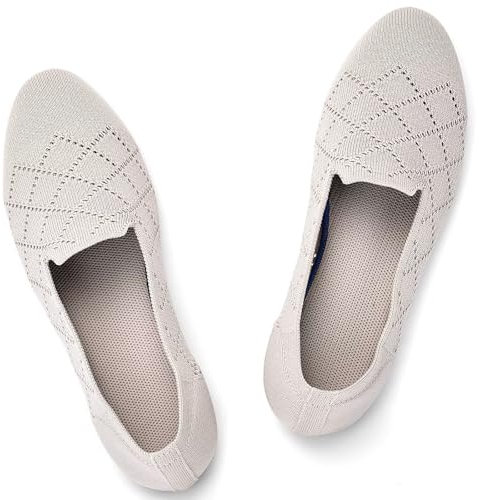 Puxowe Damen Ballerina Flache Schuhe Runde Zehe Strick Kleid Schuhe Niedriger Keil Slip On Ballerina Walking Flats für Frauen Bequem 42 EU Camel