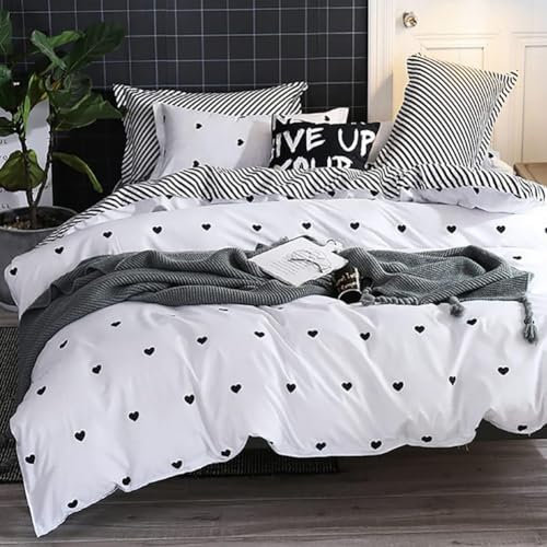 AShanlan Herz Bettwäsche 200x200 Weiß Schwarz Herzchen Microfaser Bettbezug und 2 x Kissenbezug 80x80 cm Modern Gestreifte Doppelbett Wendebettwäsche Set
