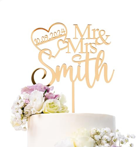 Personalised Wedding Cake Topper, Mr and Mrs Acrylic Cake Topper, Gold Cake Topper, Heart with Date Topper, Engagement Caka Topper, Wooden Rustic Cake Decoration
