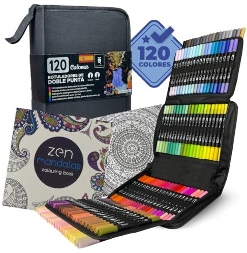 HALVERIA® Rotuladores Lettering 120 Colores – Doble Punta (Fina + Pincel) – Tinta Acuarelable – Con Estuche y Cuaderno – Para Caligrafía, Dibujo y Manualidades