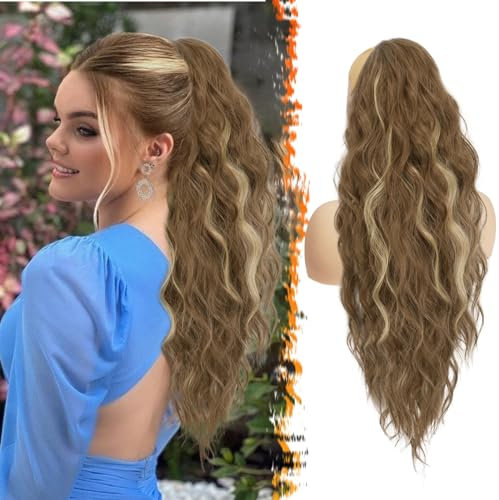 BARSDAR Ponytail Extension mit Kordelzug, 66cm Lang Lockige Wellige Highlight Pferdeschwanz Haarverlängerung für Damen Synthetik Clip in Pferdeschwanz Haarteil - Asch Braun & Blond