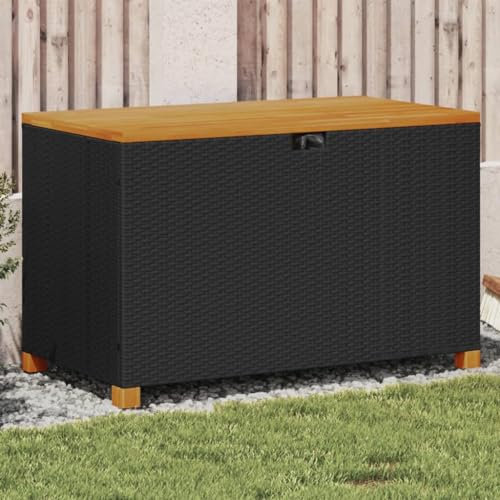 Homgoday Gartentruhe Gartenbox mit Stauraum Sitztruhe Sitzbank Kissenbox Auflagenbox Aufbewahrungsbox Kissentruhe Auflagentruhe Aufbewahrungsschrank Schwarz 110x55x63 cm Poly Rattan Akazienholz
