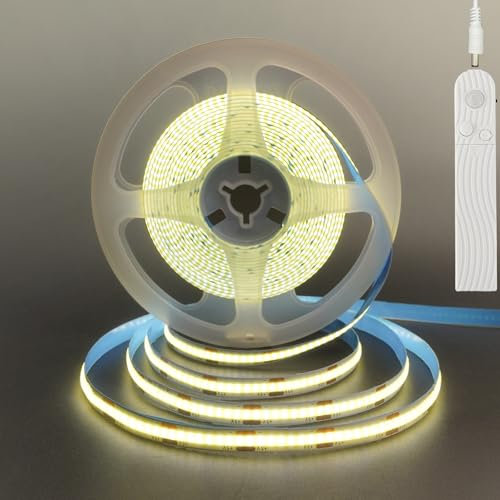 Clearhill 5V Motion Sensor COB LED Strip Lights,Time-Delay Adjustable,Two Power Supply Ways,Battery Powered(no Battery),9.84FT/3M,Natural White 4000K,320LEDs/M,8mm Width,for Kitchen Cabinet