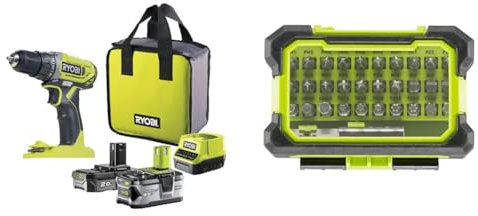 RYOBI - Perceuse-Visseuse Sans Fil 18V ONE+ - 2 Vitesses - Livrée avec 1 Batterie Lithium+ 2,0Ah & Coffret de 31 accessoires de vissage : 30 embouts PH/PZ/SL/HEX/TX sécurité + 1 porte-embout