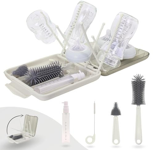 BELLEBEBE - Juego de espárragos para biberón con escurridor y cepillo, portátil, sin BPA, plegable y compacto