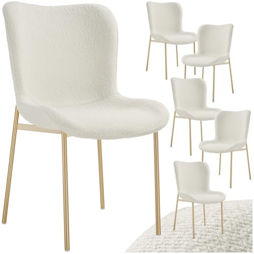 tectake® 6er Set Stuhl, Bouclé Esszimmerstühle, Polsterstuhl Sessel für Küche, Wohnzimmer, Esstisch, Schminktisch, als Cocktailsessel, Dining Chair, Möbel für Esszimmer - Bouclé weiß/Gold