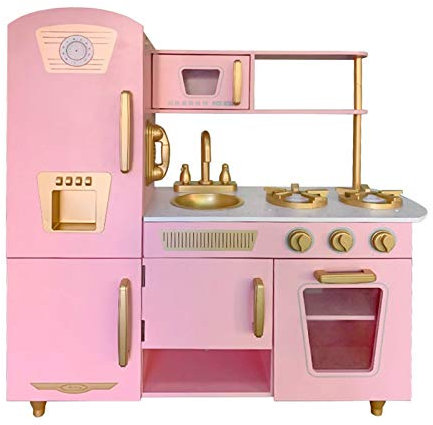 Robincool Cuisine pour enfants en bois Leire Pink 85 x 33 x 89 cm Four, réfrigérateur, micro-ondes, évier et plaques de cuisson | Couleur rose vintage
