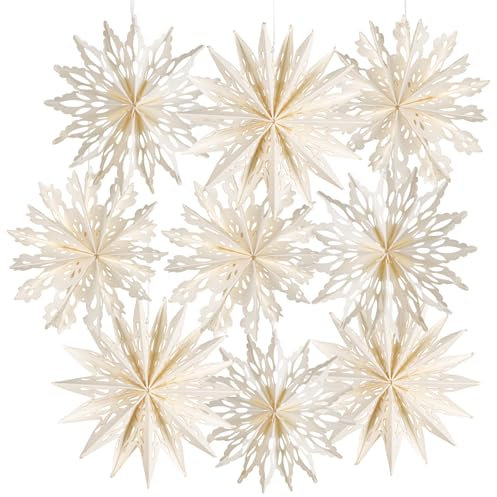 Logbuch-Verlag 9 Schneeflocken weiß aus Papier Filigrane Weihnachtsanhänger Baumschmuck zum Aufhängen 10 cm