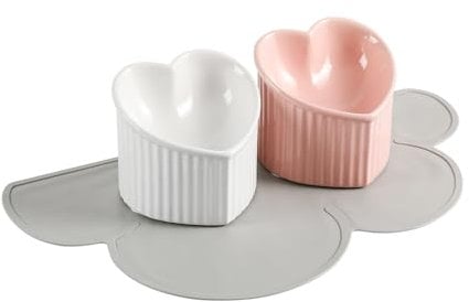 Katzennapf Set Futternapf Katze Erhöht - Geneigtes Katzen Napfset mit Antirutschmatte - Doppel Fressnapf Katze Keramik - Erhöhte Katzennäpfe gegen Erbrechen - Katzenfutter Schalen - Rosa & Weiß