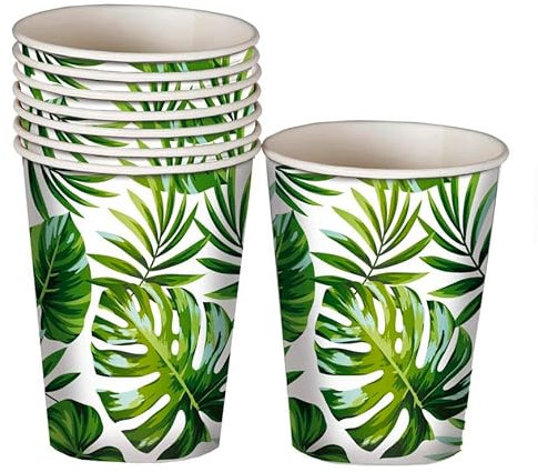 FIESTAS GUIRCA | 6 Gobelets Jetables Feuilles (240 ml) (9 cm) - Décoration de Table pour Fêtes Hawaïennes et Graduations - Idéal pour Célébrations d'Été et Événements Tropicaux - Vert, Blanc