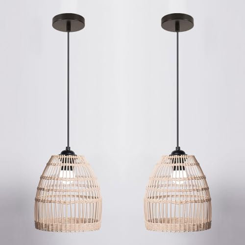 LIGKIN 2PCS Hängeleuchte Rattan Vintage E27 Kronleuchter Retro Pendelleuchte Boho Lampenschirm Metallkäfig und Rattan Hängelampe für Wohnzimmer Schlafzimmer Küche