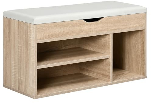 HOMCOM Scarpiera Salvaspazio da Ingresso Imbottita, Mobile da Ingresso con Scarpiera, con 3 Scomparti, Seduta in Pelle PU, per Soggiorno e Corridoio, 80x30x43 cm, Color Legno