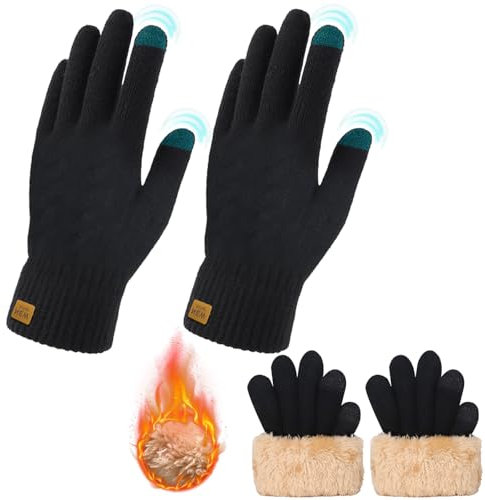GOZINA 2 Paar Handschuhe Damen Winter mit Fleecefutter, Thermo Handschuhe Damen Touchscreen, Warme Dicke Strickhandschuhe Wollhandschuhe Winddichte Herren