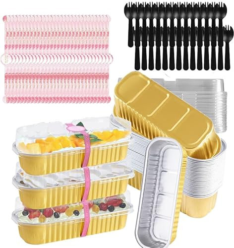 30Set Mini Loaf Cake Cases 200ML, Mini Loaf Tins with Lids and Spoons Aluminum Foil Baking Pans with Sealing Sticker for Bread Cake Wedding Birthday Picnic Party (Gold)