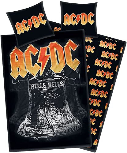 ACDC Rock Bettwäsche AC/DC Hells Bells Fire 135 cm x 200 cm + 80 cm x 80 cm 100% Baumwolle Renforcé-Linon-Qualität Bon Scott Malcom Young Dave Evans Axl Rose mit Reißverschluss deutsche Größe