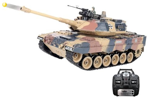 efaso Ferngesteuerter Panzer 1:18 - ferngesteuert mit Schussfunktion, drehbarer Turm, Sound&Licht - Leopard Sandfarben mit Zusatzakku