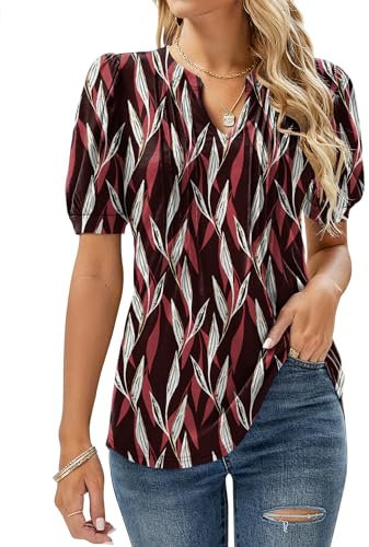 EFFAN Women Tops Short Sleeve V Neck T Shirts Ladies Casual Floral Printed Longline Tunic Blouse Burgundy White Floral XL (UK 18-20)