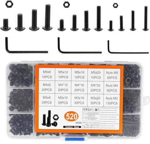 520 Pezzi Set di Viti M3 M4 M5, Bulloni e Dadi Set, Viti a Testa Bombata con Esagono Incassato Nere, Assortimento di Bulloni a Testa Tonda Esagonale e Dad, Bullone a Brugola Cilindrica