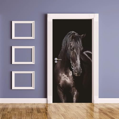 Stickers Porte Trompe L'oeil Cheval Autocollant Porte 3D Cheval Papier Peint Autocollants de Décoration Poster pour Mural Salon Chambre 95x215 cm M-O1760