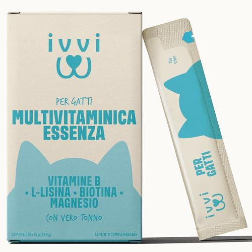 ivvi Esencia Multivitamínica para Gatos con Atún Real, 30 x 15 g | Snack Cremoso con Vitaminas B, Vitaminas A, D3 y E, Biotina, L-lisina, Magnesio y Mejillón de Labio Verde